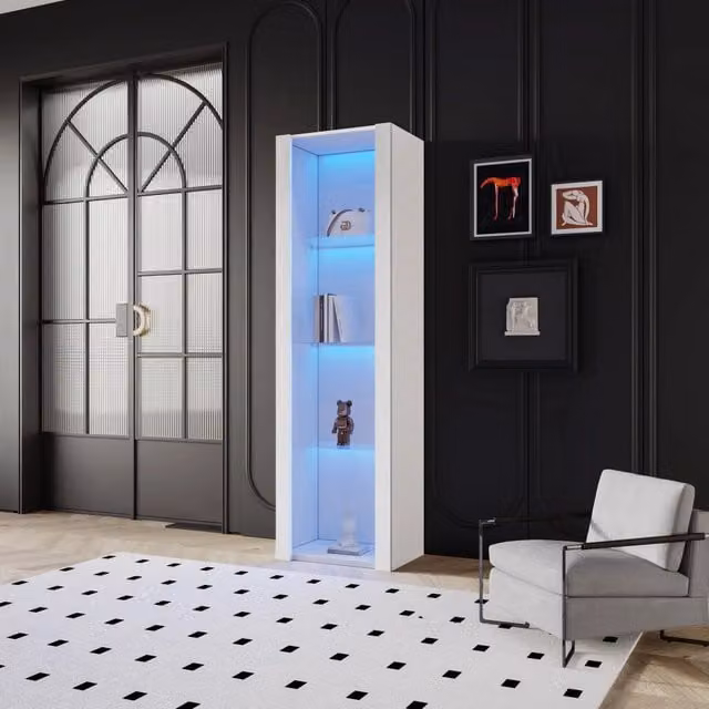 Vetrina con 3 ripiani in vetro e illuminazione LED tramite app, bianco lucido, per soggiorno, 55 × 38 × 166 cm