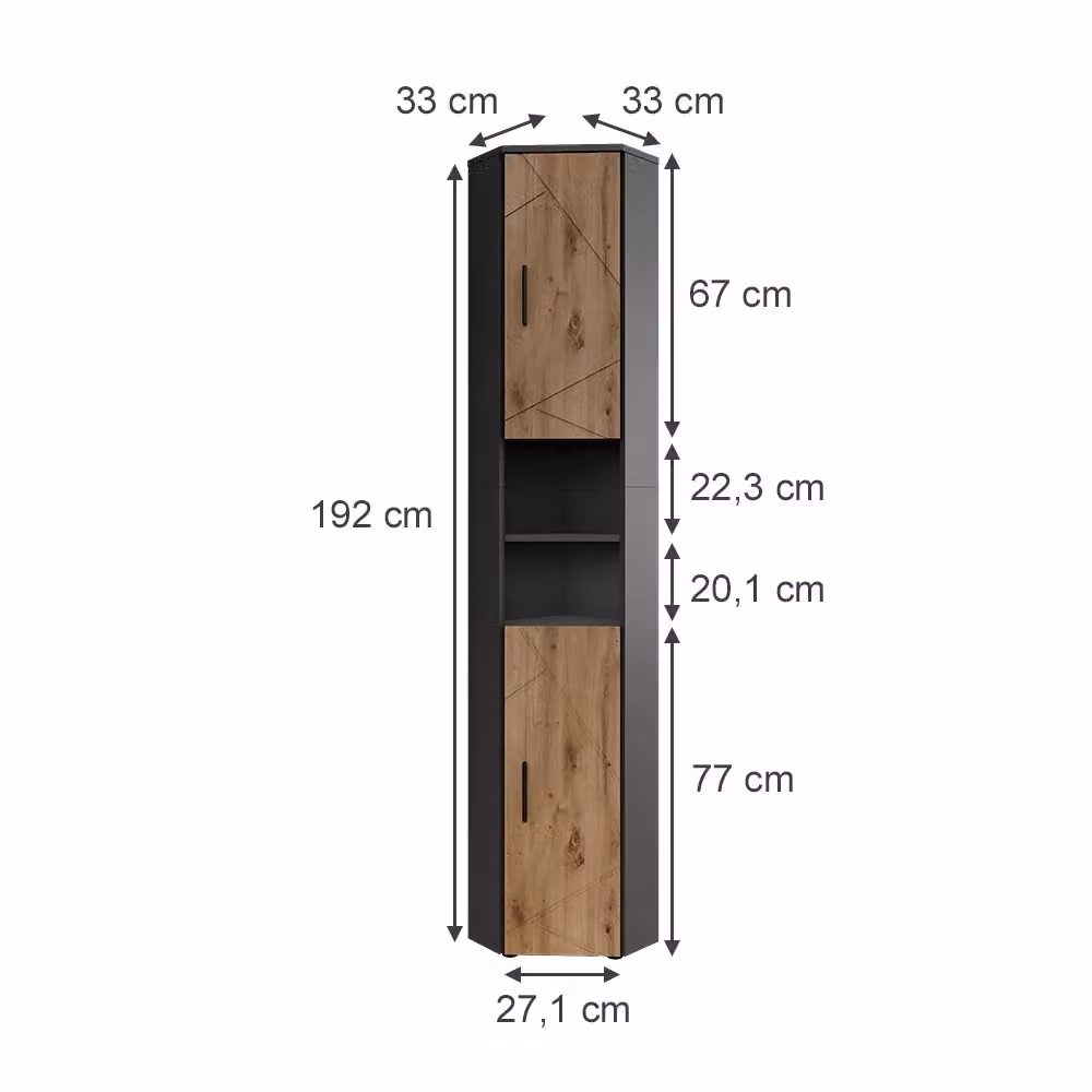 Mobile alto Vicco Irma Antracite e Rovere dorato con 2 ante e ripiani interni H: 192 cm, L: 33 cm – 2