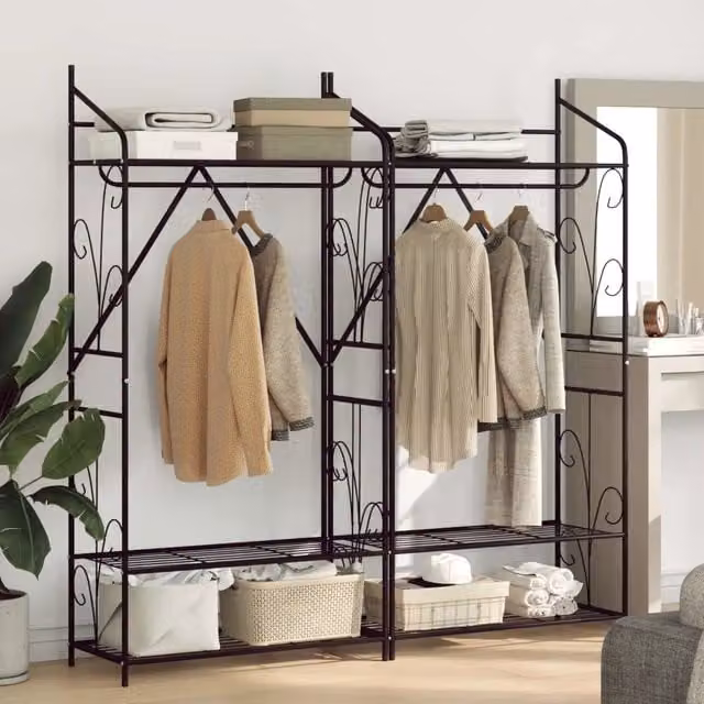 Set di 2 Armadi Aperti Moderni vidaXL in Metallo Nero Opaco con Ripiani e Appendiabiti, L/P/H: 78 x 36 x 158 cm