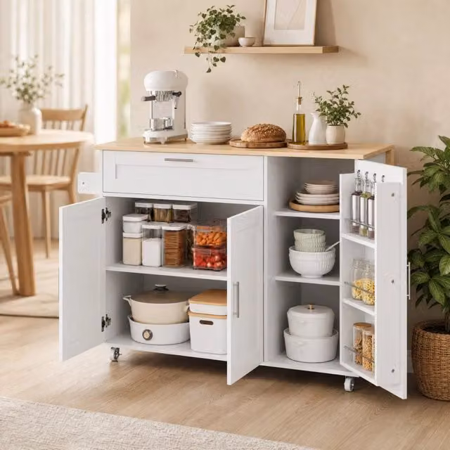 Isola cucina mobile con piano pieghevole in effetto rovere 132,5x44(70)x90 cm con carrello multifunzione e 5 ruote