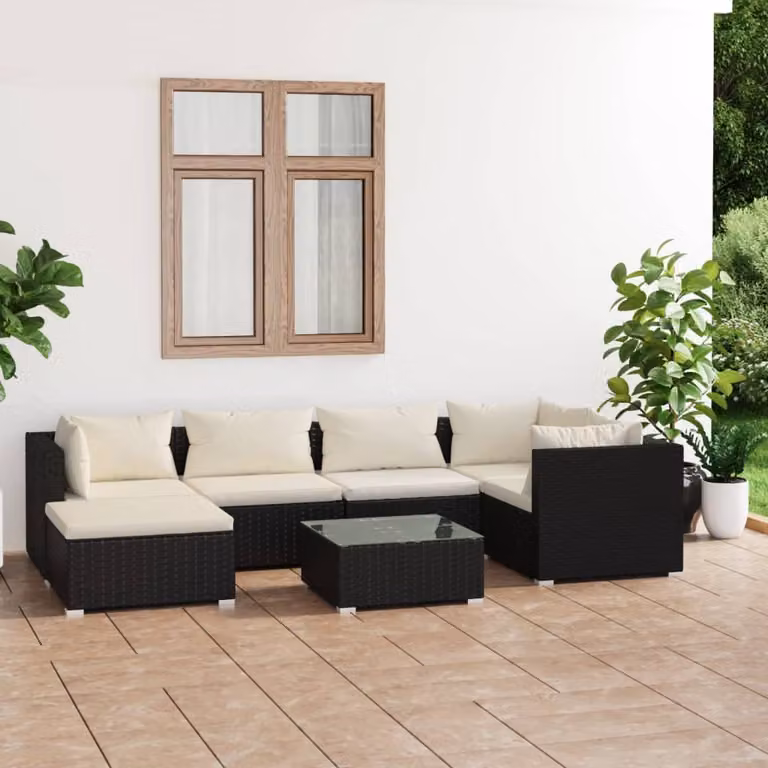 The Living Store Set da giardino 7 pezzi con cuscini in poly rattan nero