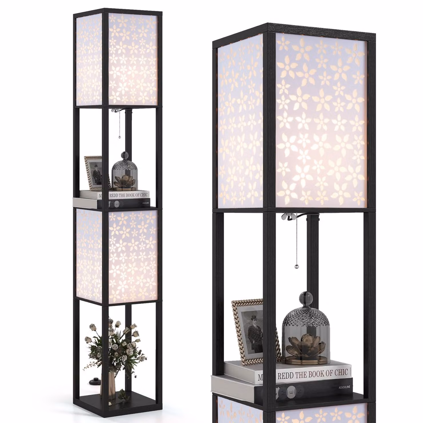 COSTWAY Lampada da terra a 2 fiamme 156 cm con ripiano, lampada da terra con 2 paralumi e interruttore a pedale, lampada a ripiano in legno, lampada da terra, fiori