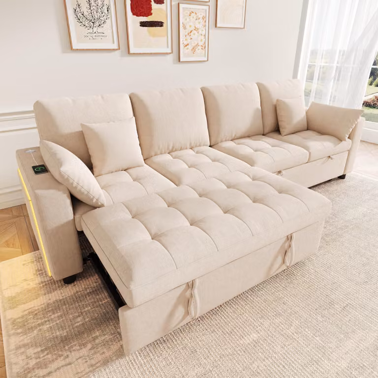 Divano angolare MODFU, divano letto a forma di L, 4 posti, grande divano con 2 posti letto estraibili, divano relax con illuminazione LED e controllo tramite app, tessuto in chenille, color beige