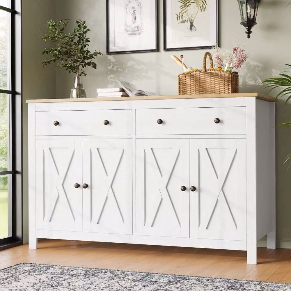 Cassettiera AIORBER, con 2 cassetti e 3 livelli, con vano portaoggetti, con maniglie in alluminio, mobile da cucina, 140×40×89 cm, design antiribaltamento, per soggiorno, cucina, bianco