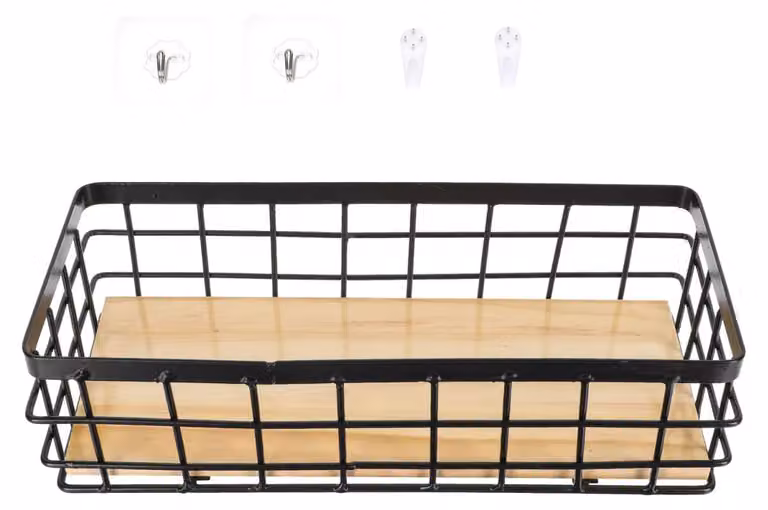 Omgoods - Cesto portaoggetti intrecciato nero con ripiano in legno