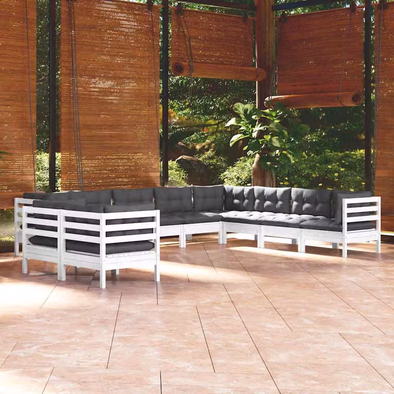 Set di divani da giardino vidaXL in legno di pino con cuscini bianchi, grigi e antracite, design moderno a forma di L