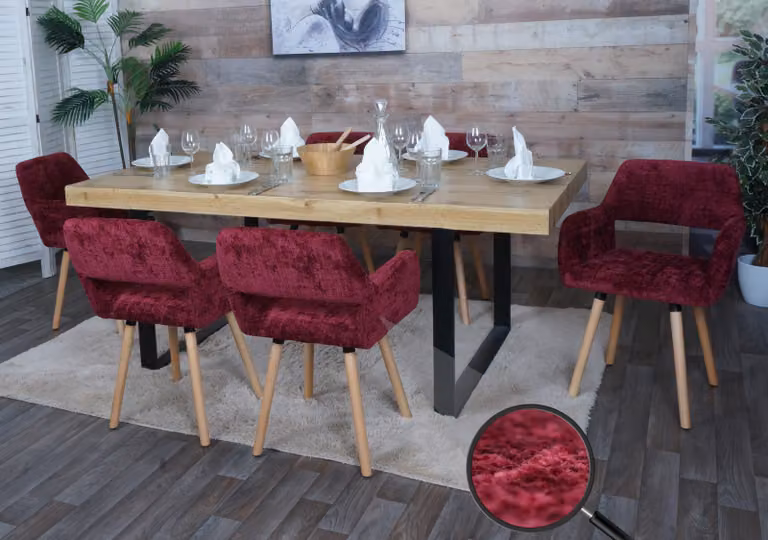 set di 6 sedie da pranzo HWC-A50 II, sedia da cucina sedia imbottita, legno tessuto/ceniglia tessile (465g/m²) ~ bordeaux