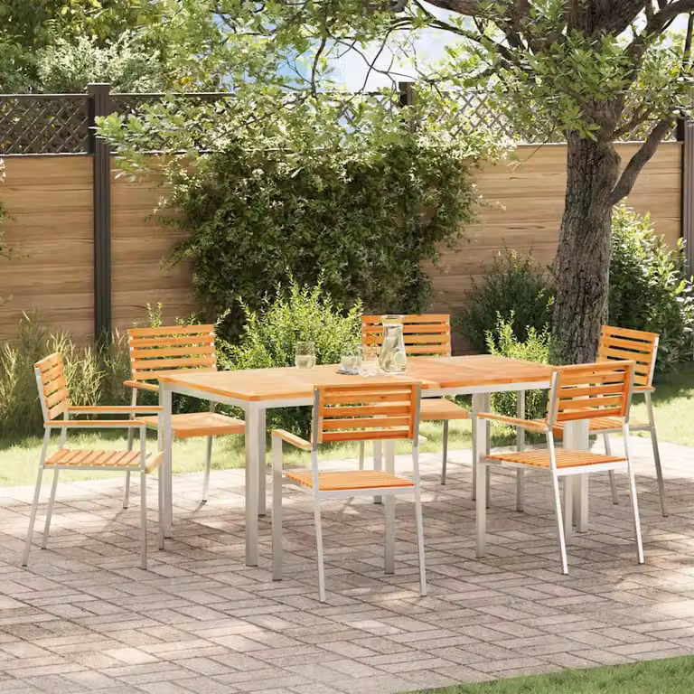 Set di 6 sedie da giardino vidaXL in legno di teak oliato e acciaio inossidabile con braccioli, colore marrone e argento