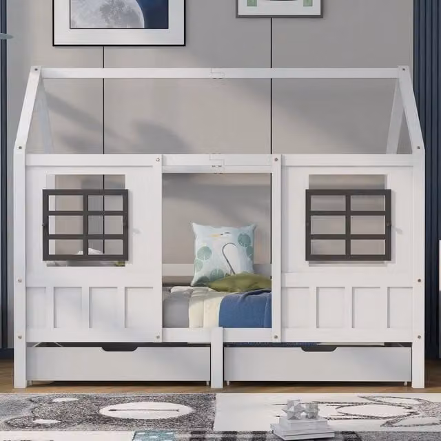 Letto singolo con 2 cassetti ¨C Minimal ¨C bianco legno pino MDF 200x90cm