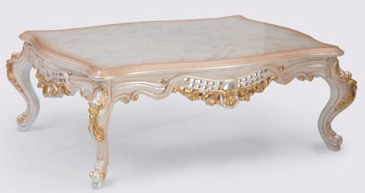 Casa Padrino tavolo da salotto barocco crema/oro 140 x 90 x h. 55 cm - Nobile tavolino in legno massello in stile barocco - Mobili da salotto barocchi