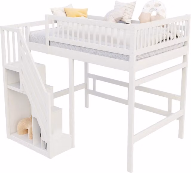 Letto a soppalco REDOM per bambini e ragazzi in legno e MDF bianco con scala a gradini e scomparti laterali L/P/H: 200 x 140 x 173 cm