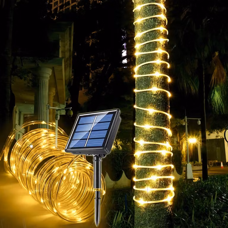 Catena luminosa solare, 10 metri, 100 LED, luce bianco caldo, 8 modalità, grado di protezione IP65