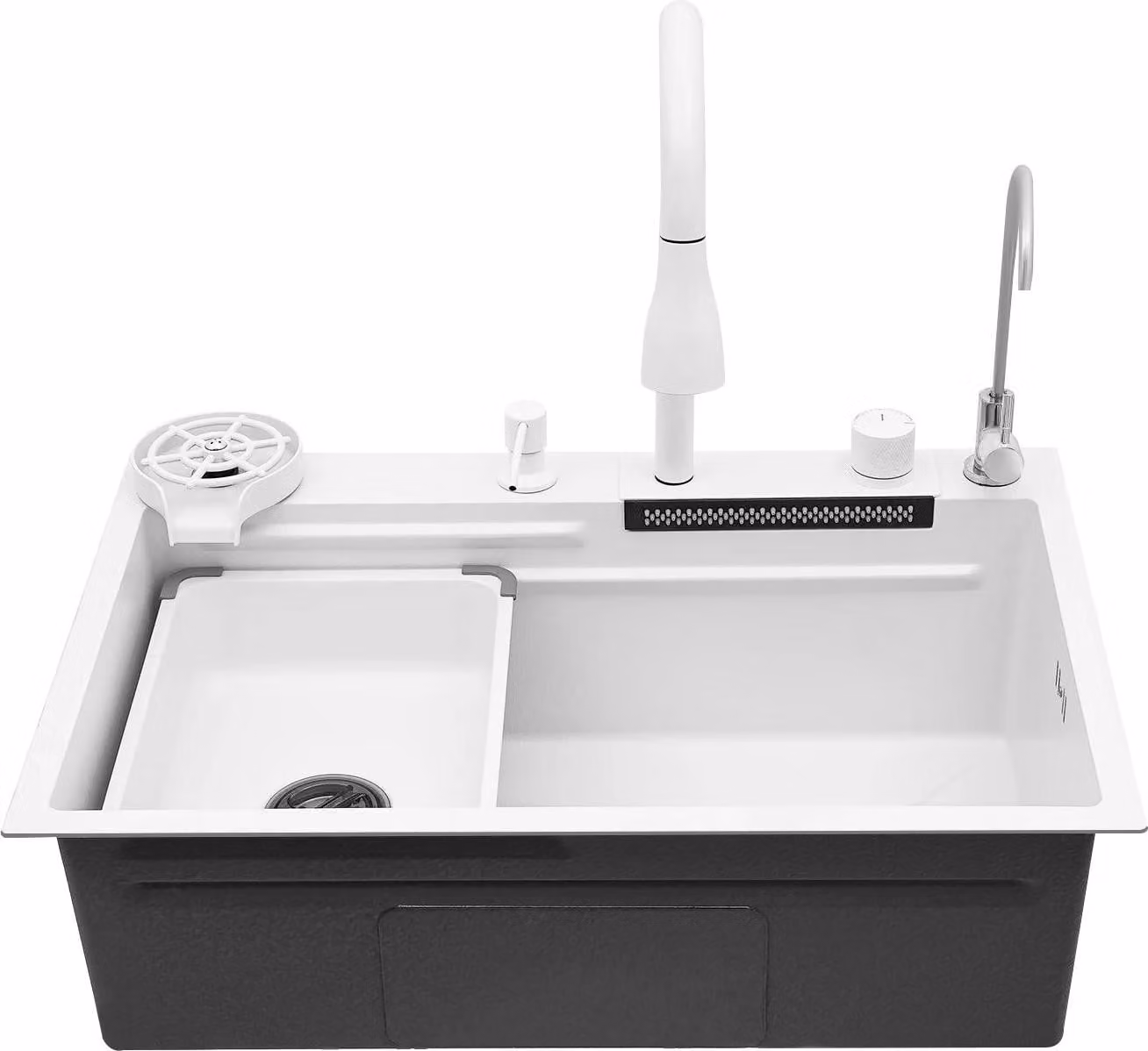 Lavello da cucina, effetto fonoassorbente, rubinetto estraibile, BIANCO
