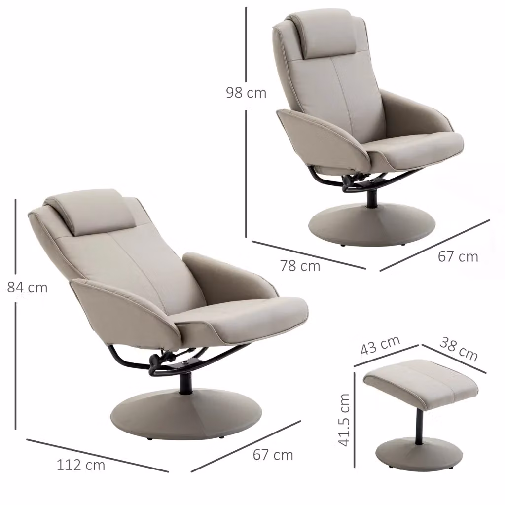 Poltrona relax girevole a 360 con poggiapiedi WISHDOR, colore grigio, L: 67 cm, P: 78 cm, H: 98 cm – 2