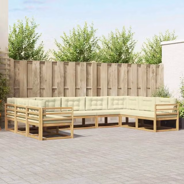 Set di divani da esterno a L vidaXL in legno di acacia con cuscini, Bianco e Beige, 9 pezzi
