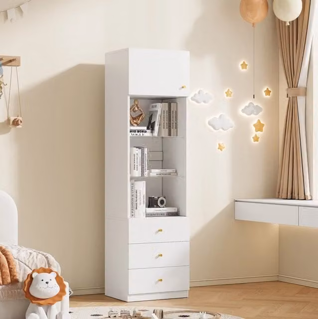 Vetrina 50.0x40.0x180.0 cm con ripiani in vetro regolabili e 3 cassetti in MDF e vetro bianco