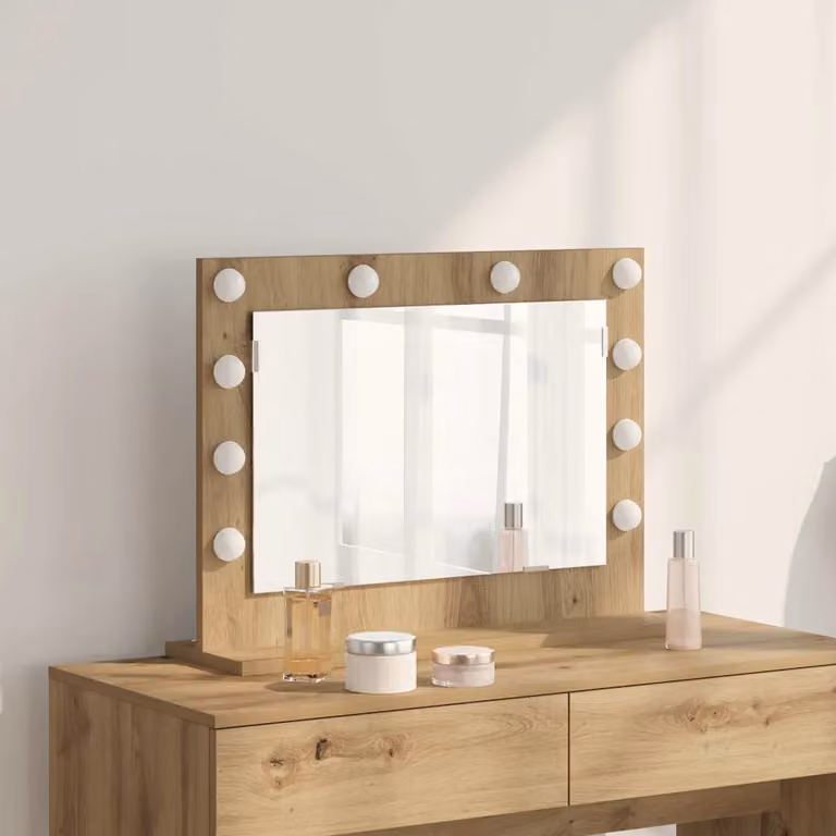 Specchio da Vanità da Tavolo vidaXL con Luce LED, Design Moderno in Legno e Vetro, Marrone, L 60 x P 45 x H 18 cm