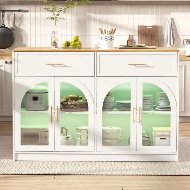 Isola da Cucina con LED ¨C Minimal ¨C Bianco, con cassetti, piano lavoro, ripiani regolabili, porte ad arco trasparenti