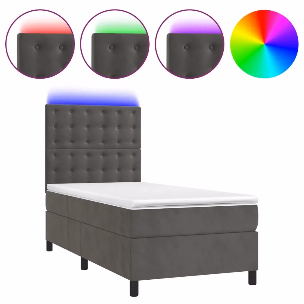 Letto Ibrido vidaXL con Materasso e Illuminazione LED in Velluto Grigio, L/P: 90 x 200 cm – 2