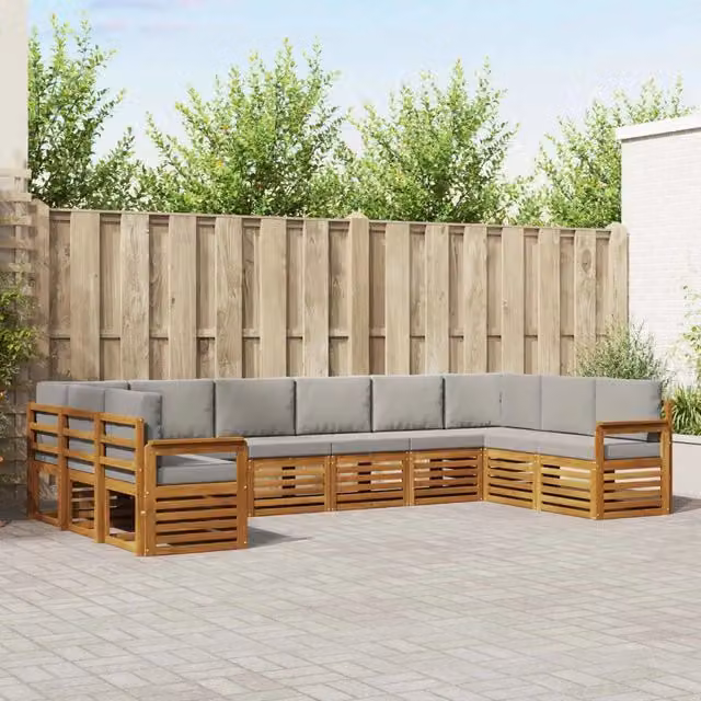 Set di divani da esterno a L vidaXL in legno di acacia con cuscini grigi – 1