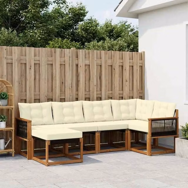 Set di divani da esterno vidaXL a forma di L composto da 6 pezzi con struttura in legno di acacia e cuscini beige e bianchi – 1