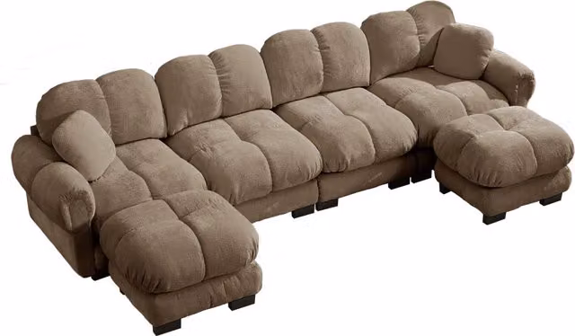 Divano panoramico a U Chicfurn a 4 posti modulare marrone con 2 poggiapiedi e cuscini, L: 330 cm, P: 149 cm, H: 90 cm