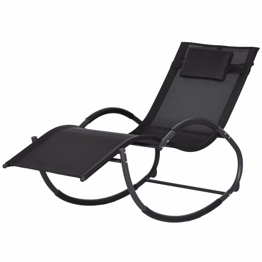 Poltrona sdraio a dondolo reclinabile Xylo in textilene con poggiatesta regolabile e braccioli, colore nero, L: 155 cm, P: 61 cm, H: 88 cm – 2