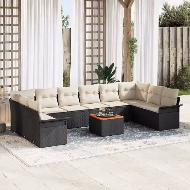 Set da giardino ad angolo vidaXL nero con cuscini e struttura in acciaio verniciato a polvere