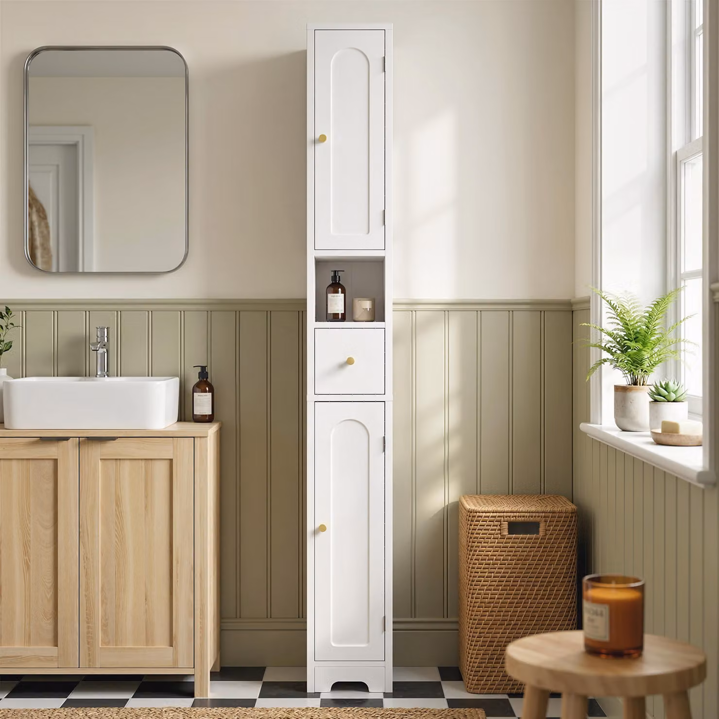 Mobile bagno stretto HOMCOM con cassetto e ante arcuate, ripiani regolabili, Bianco, L/P/H: 20 x 20 x 185 cm – 2