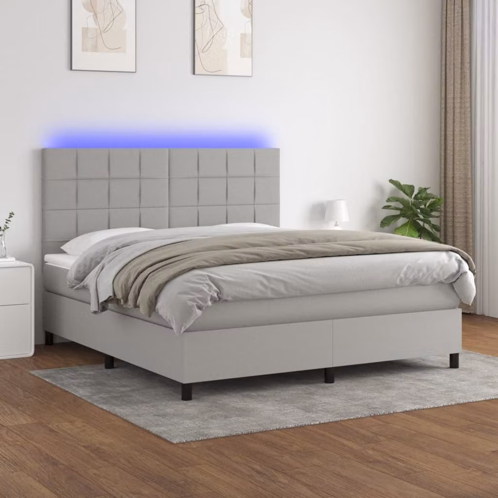 The Living Store Letto a molle con materasso e LED in tessuto grigio chiaro 180x200 cm