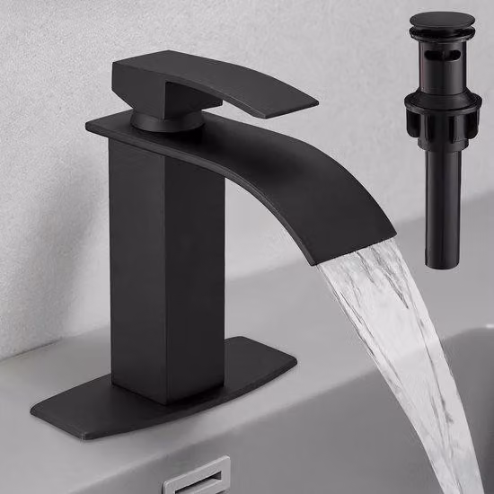 Miscelatore nero per doccia con design a cascata, rubinetto monocomando per lavabo