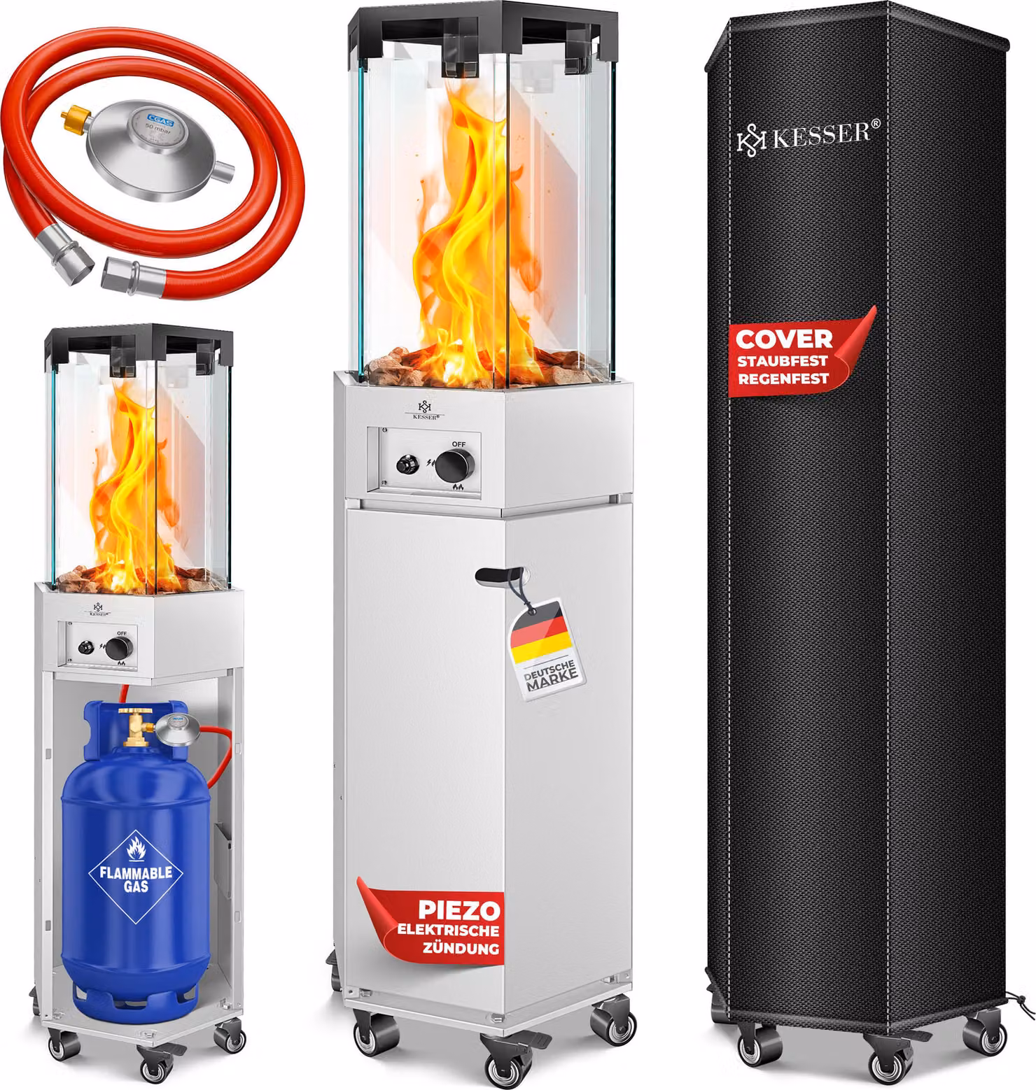 KESSER® stufa a gas radiante 4/8 kW stufa a gas ad accensione piezoelettrica + regolatore di pressione del gas + coperchio, rotelle a 360° protezione antiribaltamento, stufa da patio stufa a gas stufa a gas camino da esterno riscaldamento mobile a fungo,