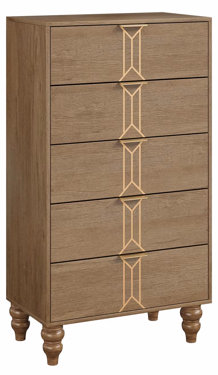 Comò alto con 5 cassetti e maniglie dorate – Elegante comò per abiti (noce/oro) per camera da letto e soggiorno