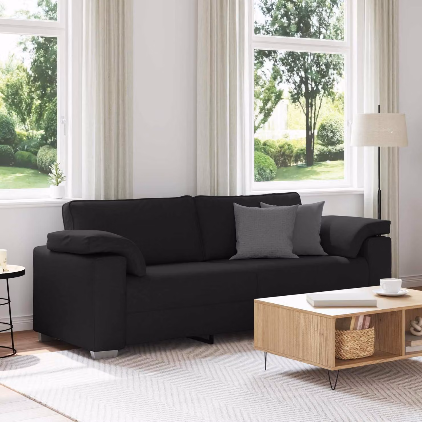 Divano 3 posti moderno vidaXL in tessuto nero per soggiorno L: 219 cm, P: 82 cm, H: 77 cm