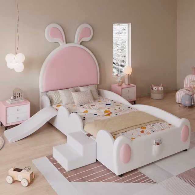Letto Singolo Bambini con Scivolo e Testiera Orecchie ¨C MINIMAL ¨C PU Bianco Rosa 90x200