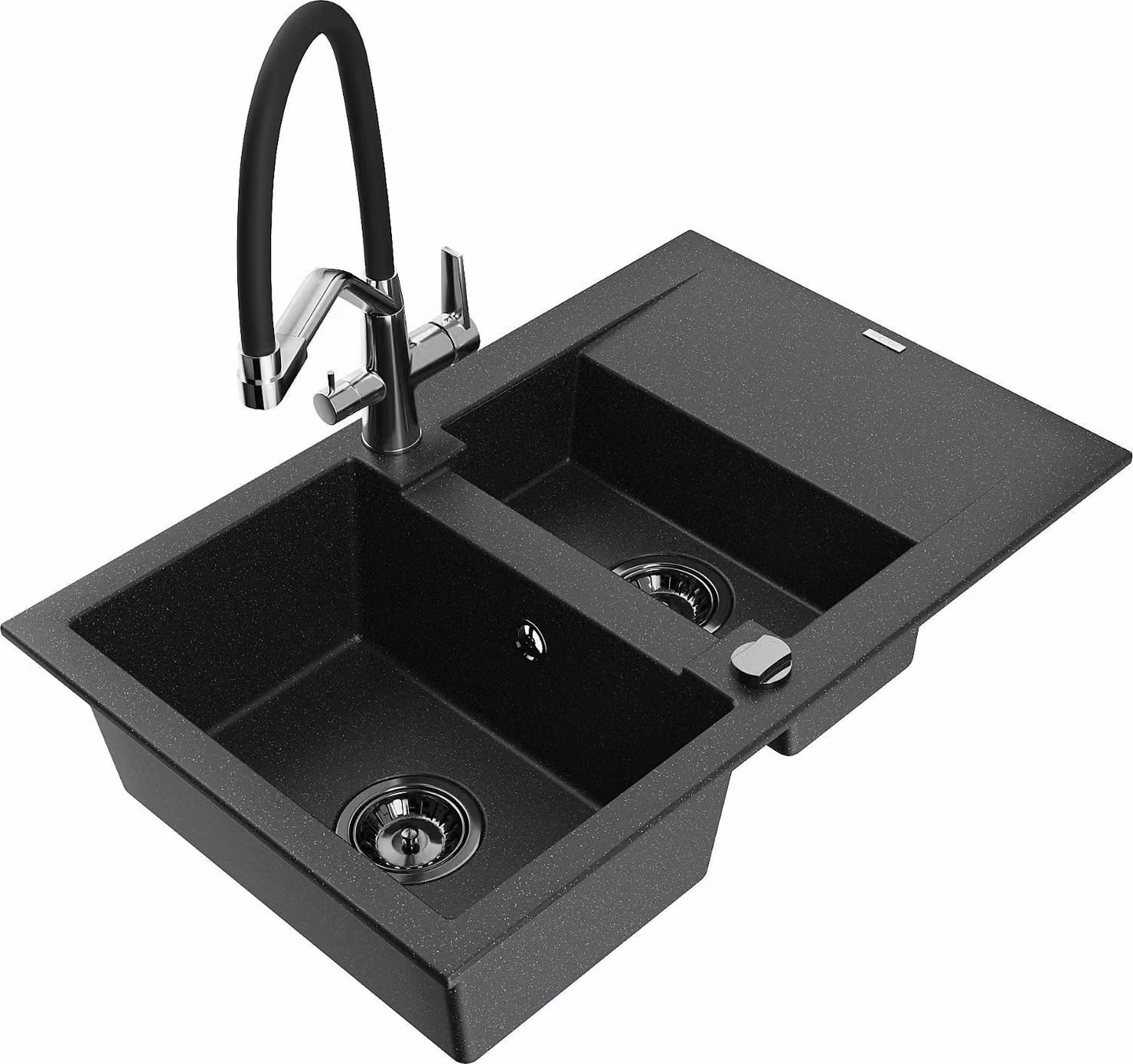 Mexen Gaspar lavello in granito 1,5 vasche con scivolo e miscelatore cucina Duo, nero/argento - 6507-73-671701-07-B