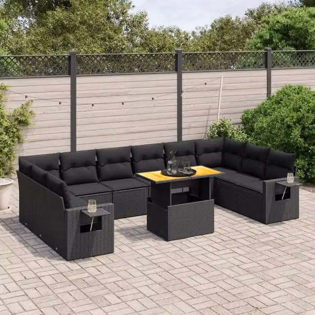 Set di divani da giardino a forma di U VIDAXL in polyrattan nero con 11 pezzi e cuscini inclusi – 1