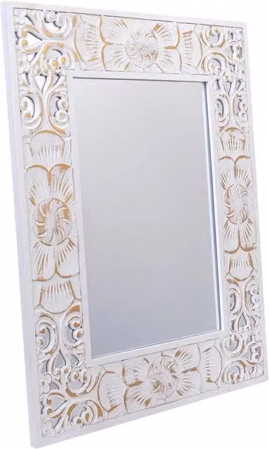Specchio rettangolare in legno stile shabby chic con decorazione floreale WANDERLUST DECO, L: 90 cm, H: 70 cm, P: 2,5 cm, disponibile in bianco o oro