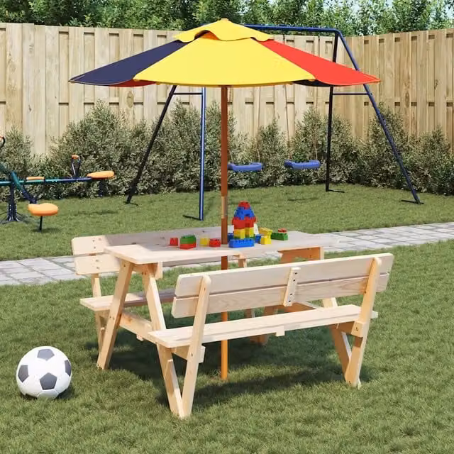 Tavolo da picnic per 4 bambini vidaXL in legno di abete multicolore con ombrellone L: 200 cm, P: 108 cm, H: 54 cm