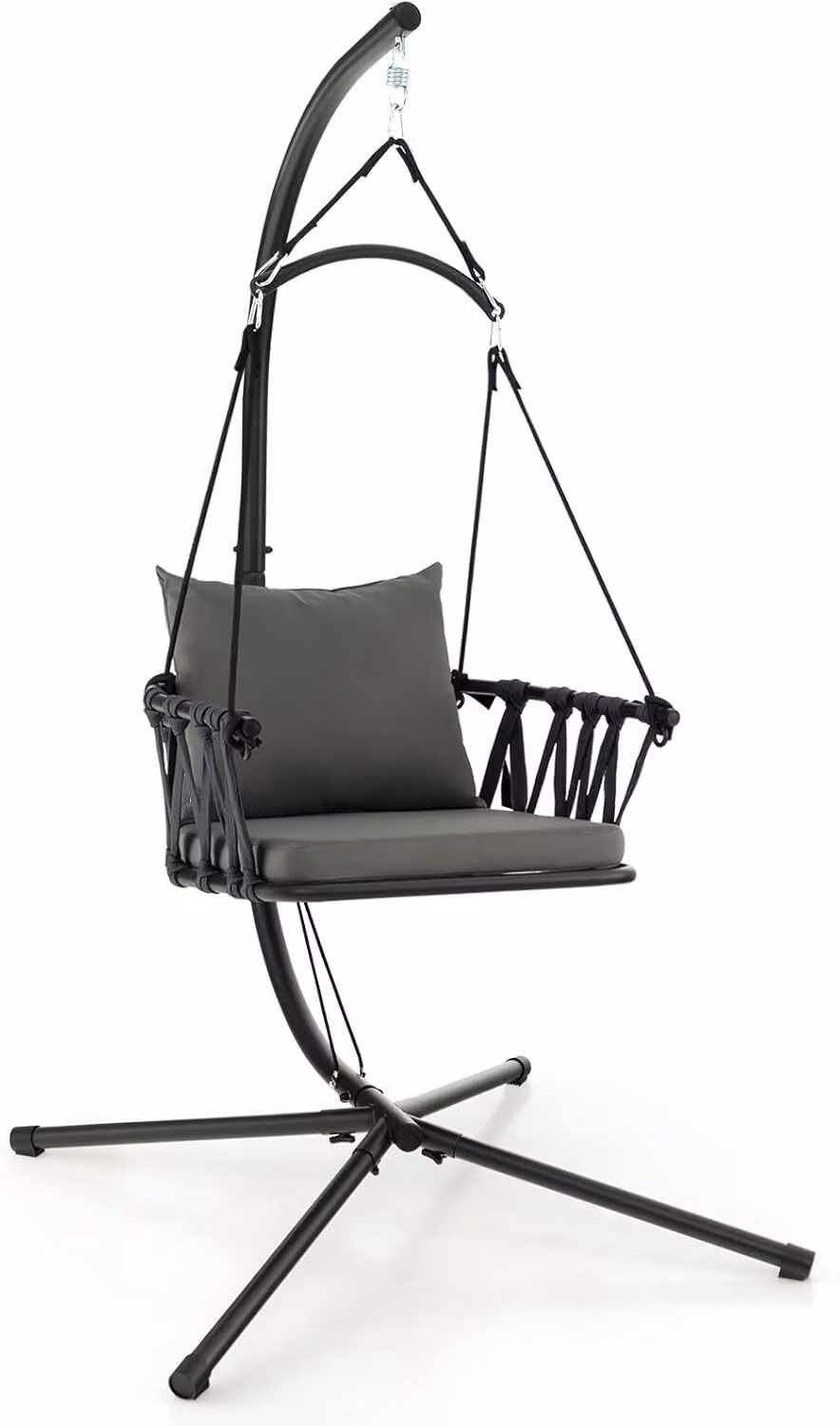 Sedia pensile pieghevole COSTWAY, sedia pensile con struttura, schienale intrecciato, accogliente cuscino per seduta e schienale, altalena pensile fino a 150 kg, sedile pensile