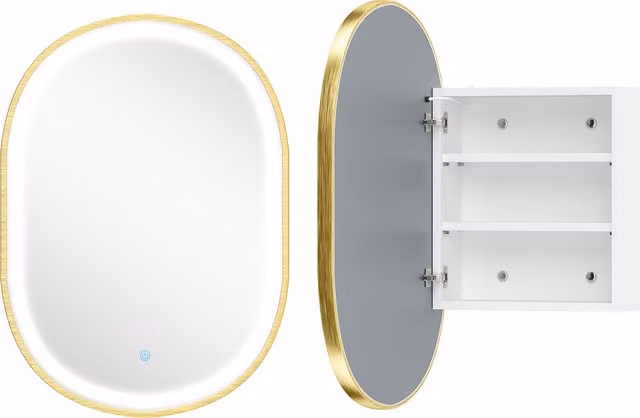 Armadio da parete per bagno HOMCOM con specchio, illuminazione LED a 3 temperature e funzione anti-appannamento, ripiani regolabili, colore oro