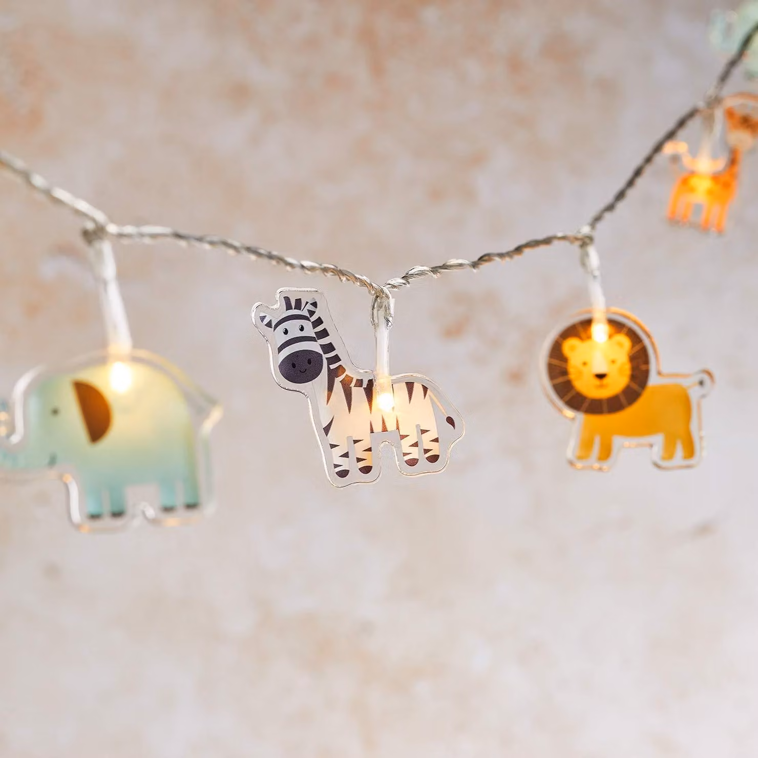 Catena luminosa a tema safari, con 12 LED bianco caldo, lunghezza 2,1 metri, alimentazione a batteria, con timer