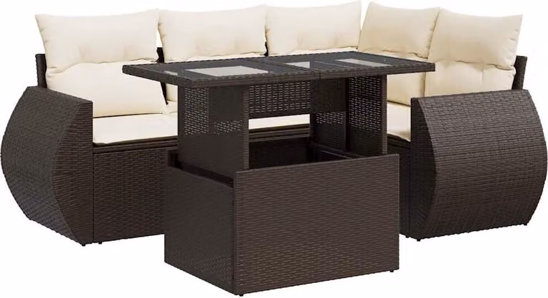 Set Divano da Giardino 5 pz con Cuscini Marrone in Polyrattan