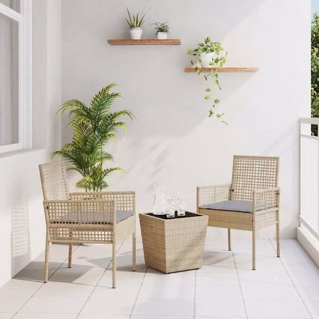 Set Bistro da Giardino 3 pz vidaXL in Polyrattan Beige con Piano in Vetro