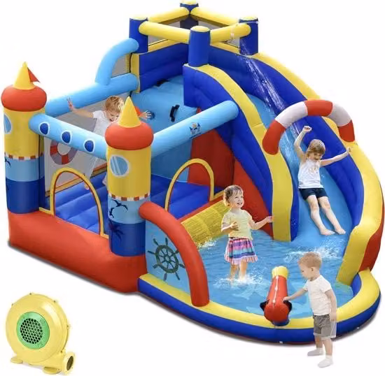 Piscina gonfiabile Mara per bambini con scivolo, spruzzi e rete di sicurezza, multicolore, L: 360 cm, P: 290 cm, H: 200 cm