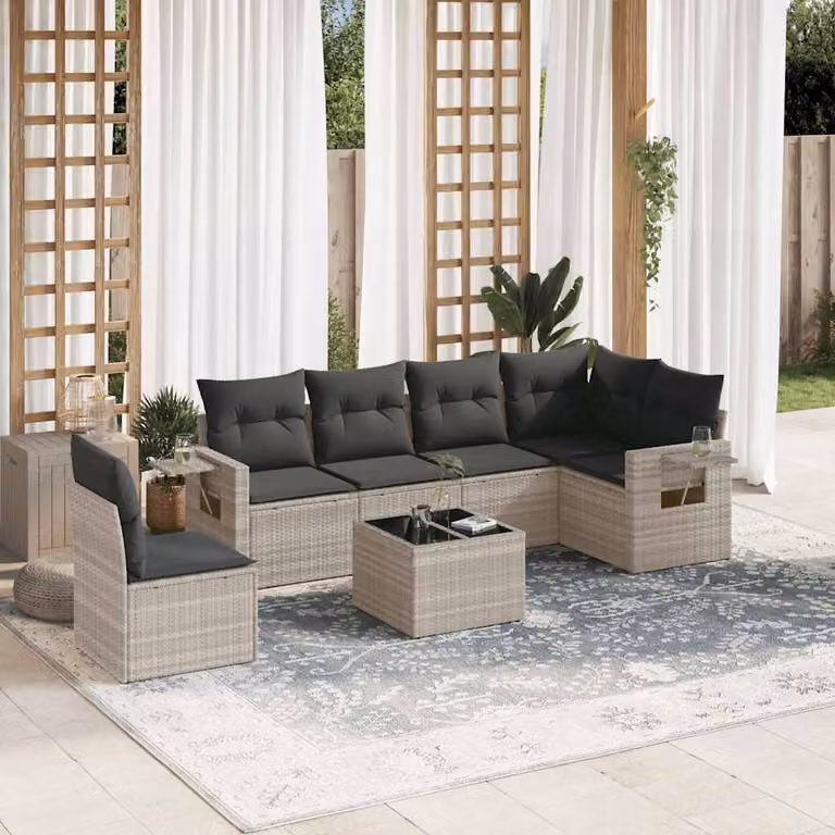 vidaXL Set Divani da Giardino 7pz a Forma di L in Polyrattan Grigio con Cuscini e Tavolino da Esterno