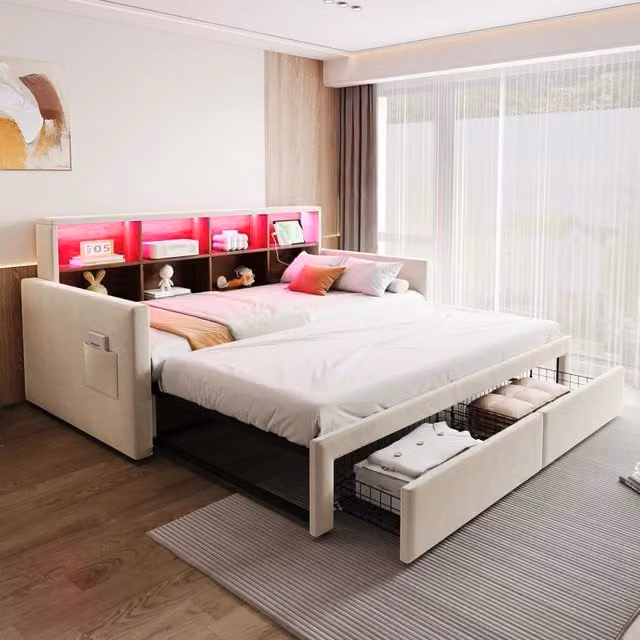 Letto pieghevole imbottito con LED e USB 90x190 cm velluto beige