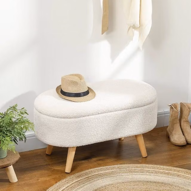 Panca contenitore OKWISH con vano nascosto, seduta imbottita in tessuto e gambe in legno di pino bianco, L 82 x P 41 x H 45 cm