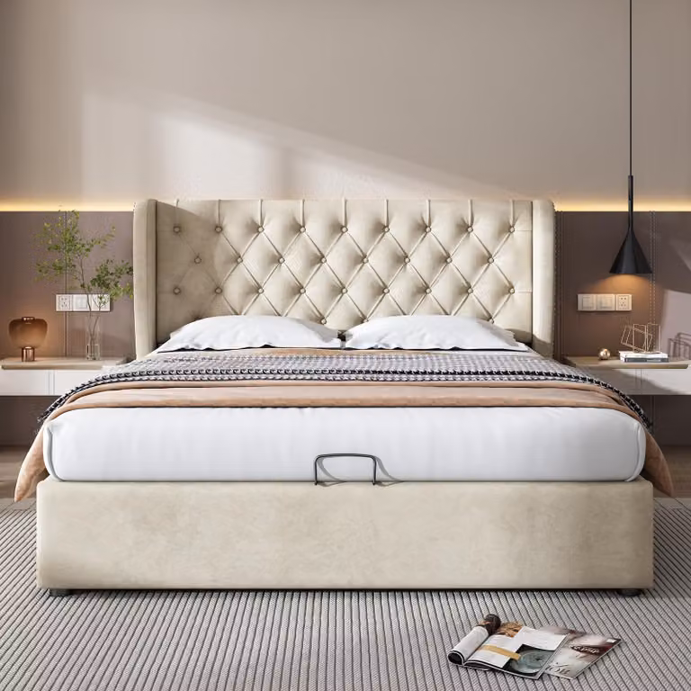 okwish Letto imbottito 160×200 cm, Letto matrimoniale idraulico, Letto funzionale per ragazzi con contenitore e materasso, Tessuto di velluto, Beige, con materasso