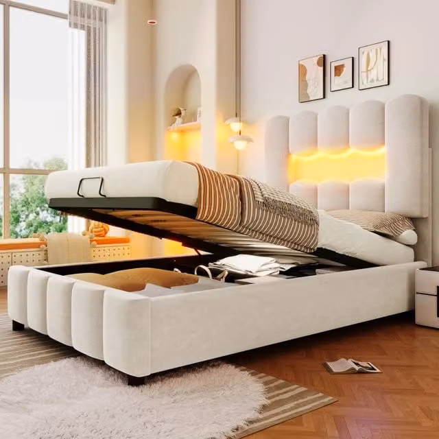 Letto Contenitore REDOM in Velluto Beige con LED e Testiera Regolabile L/P: 90 x 200 cm
